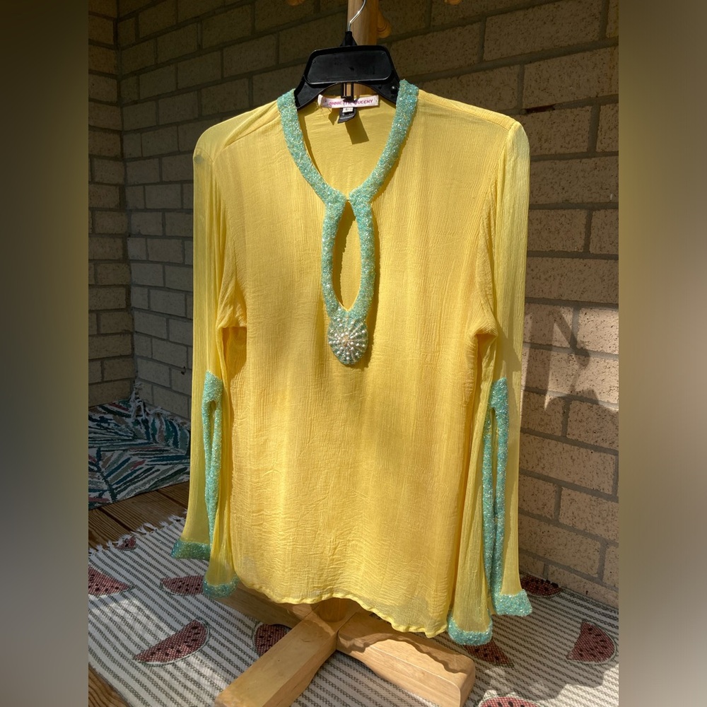Jeannie Mcqueeny 100% Silk Yellow Blouse Blue Beaded Sunburst & Sleeve Detail - Picture 9 of 17